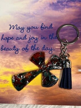 Handcrafted Multicolor Cross Keychain with Navy Tassel